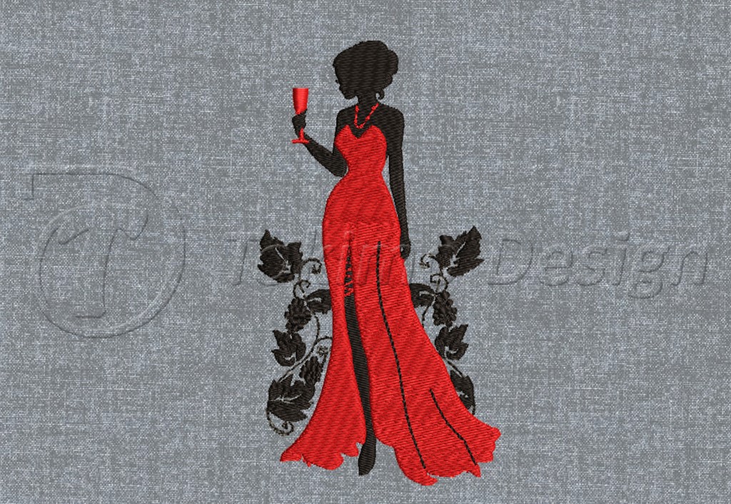 Lady with wine - Machine embroidery design pattern – 3 sizes